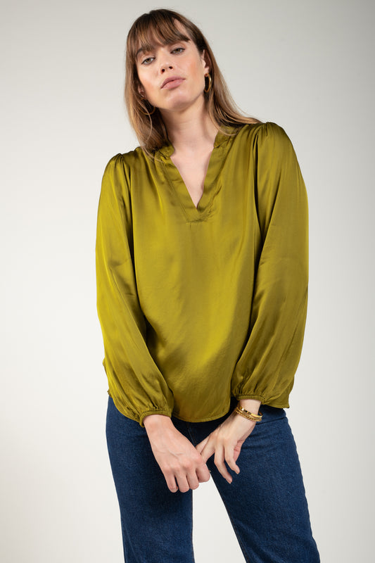 BLOUSE COL V GABRIELLE GOLD OLIVE