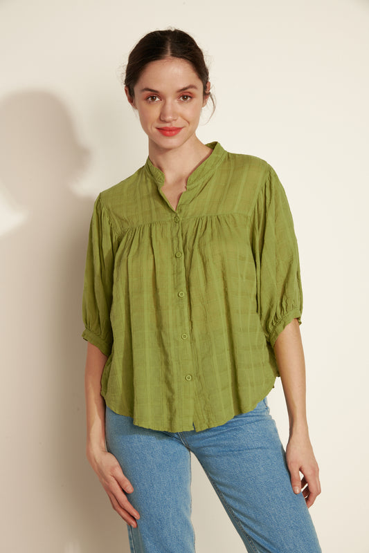 COTTON VOILE TEXTURED PAINTER BLOUSE - PISTACHIO