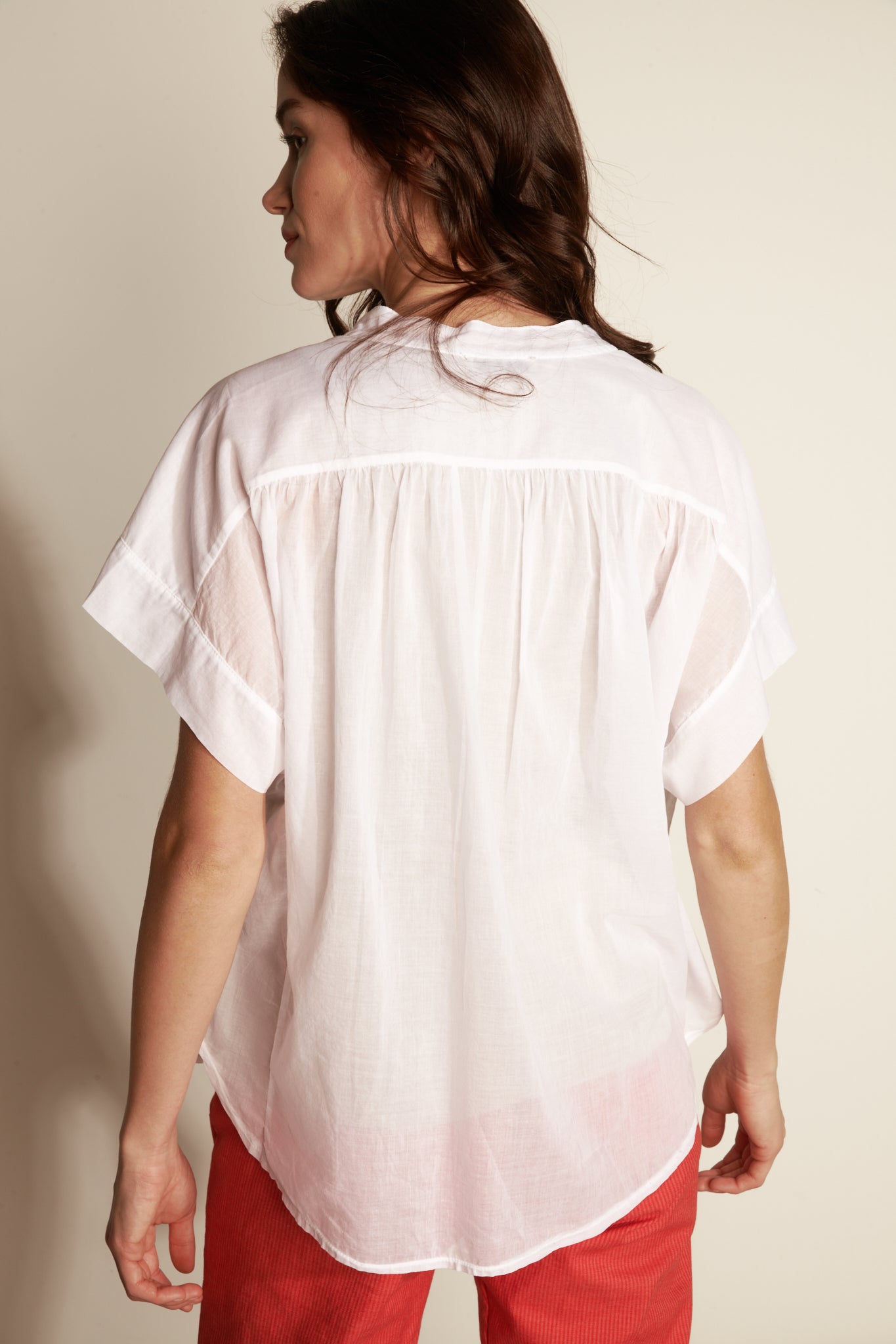 OVER SS SHIRT WITH SOLID COTTON VOILE SLEEVE - WHITE