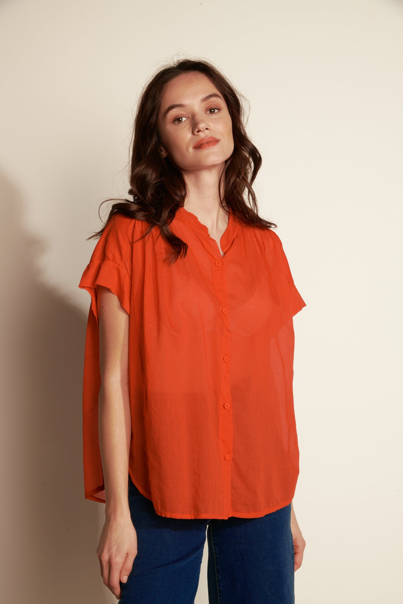 OVER SS SHIRT WITH SOLID COTTON VOILE SLEEVE - ORANGEADE