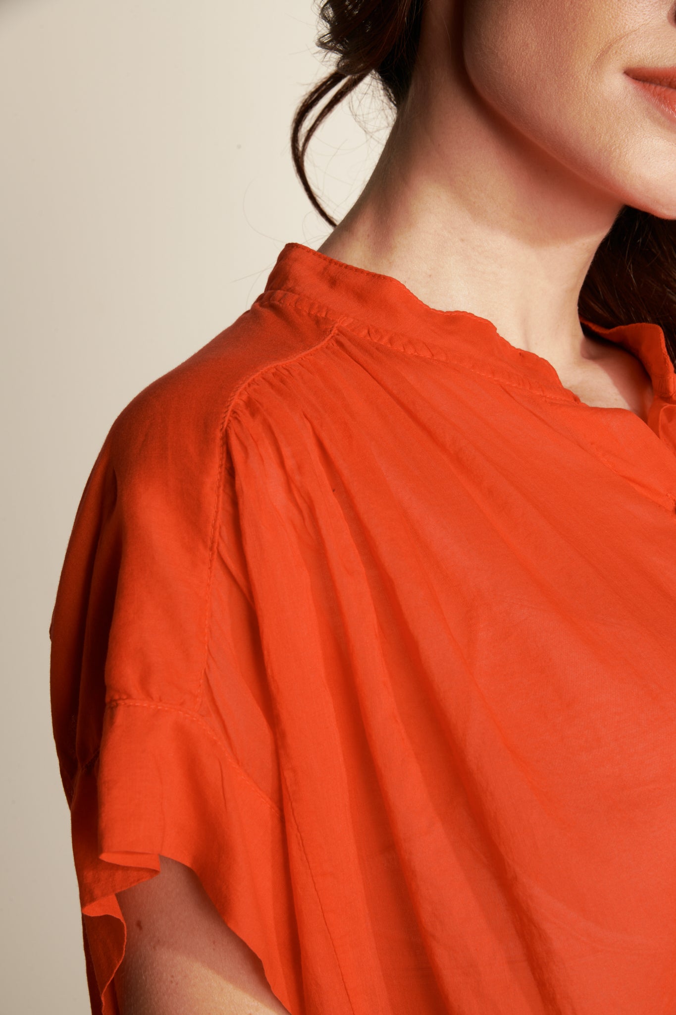 OVER SS SHIRT WITH SOLID COTTON VOILE SLEEVE - ORANGEADE