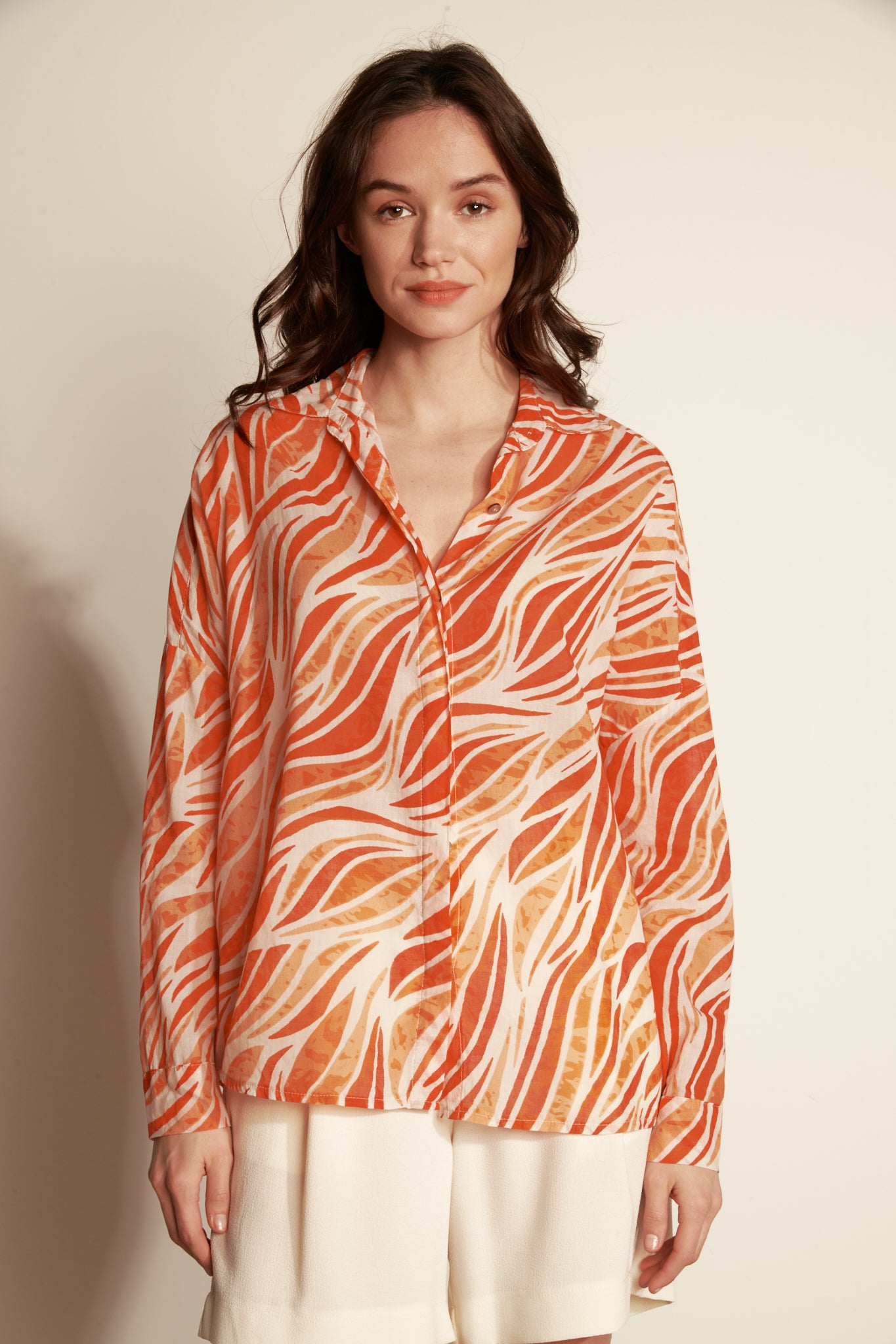 LOOSE PRINT COTTON VOILE SHIRT - WAVE ORANG