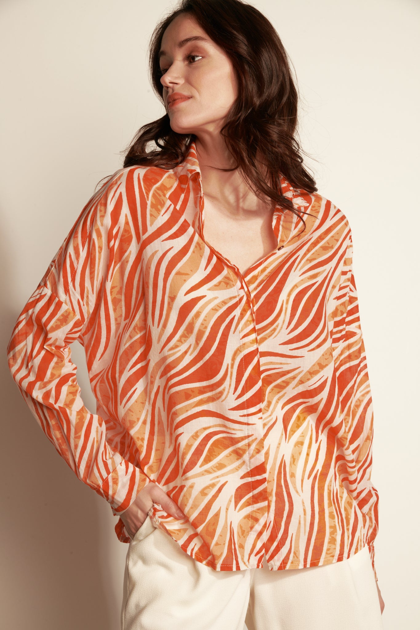 LOOSE PRINT COTTON VOILE SHIRT - WAVE ORANG