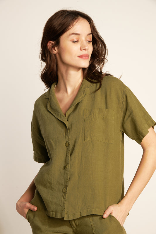 SHORT BUTTONED LINEN SHIRT - KHAKI