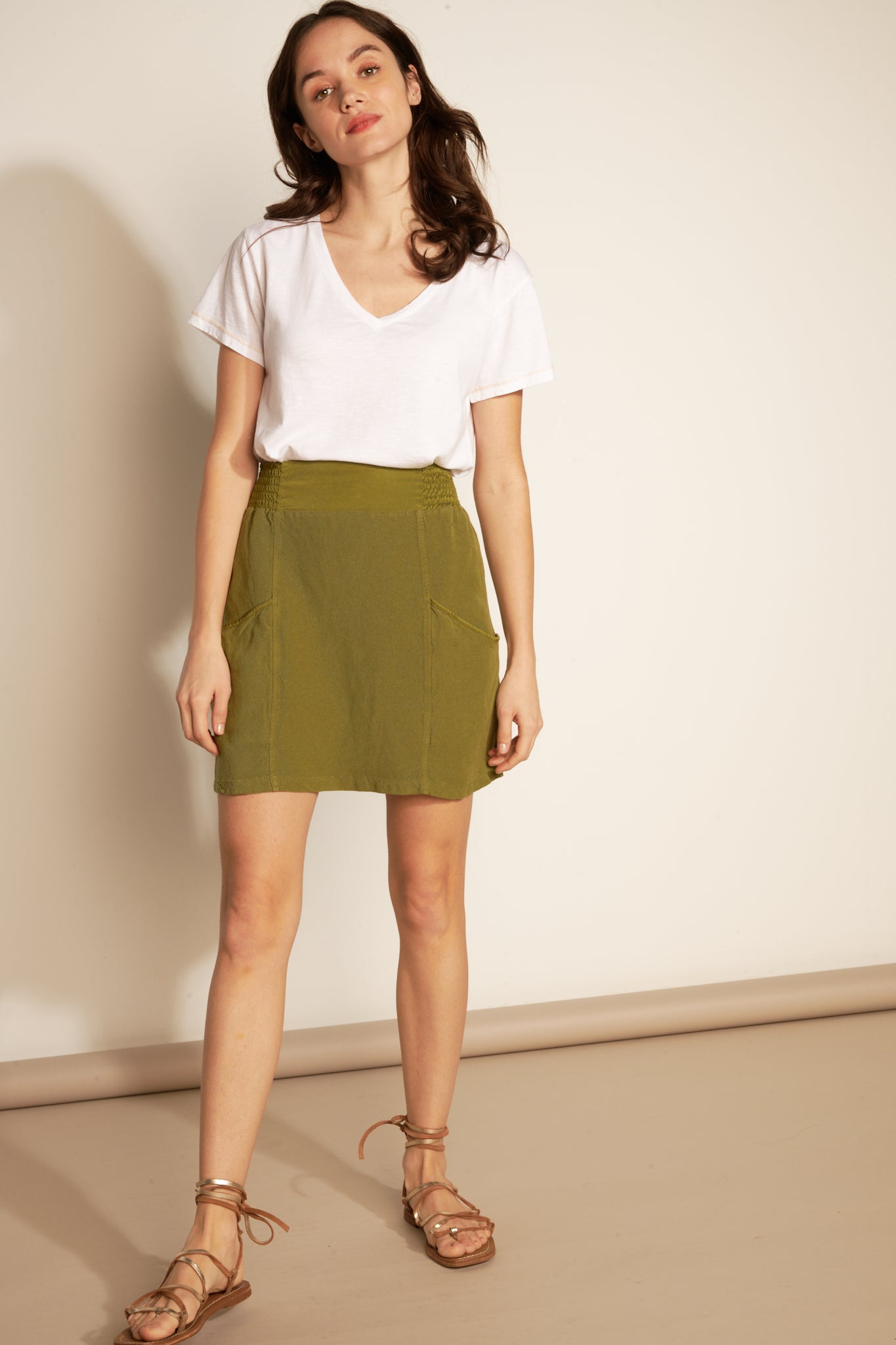 SHORT LINEN RAYON SKIRT - KHAKI