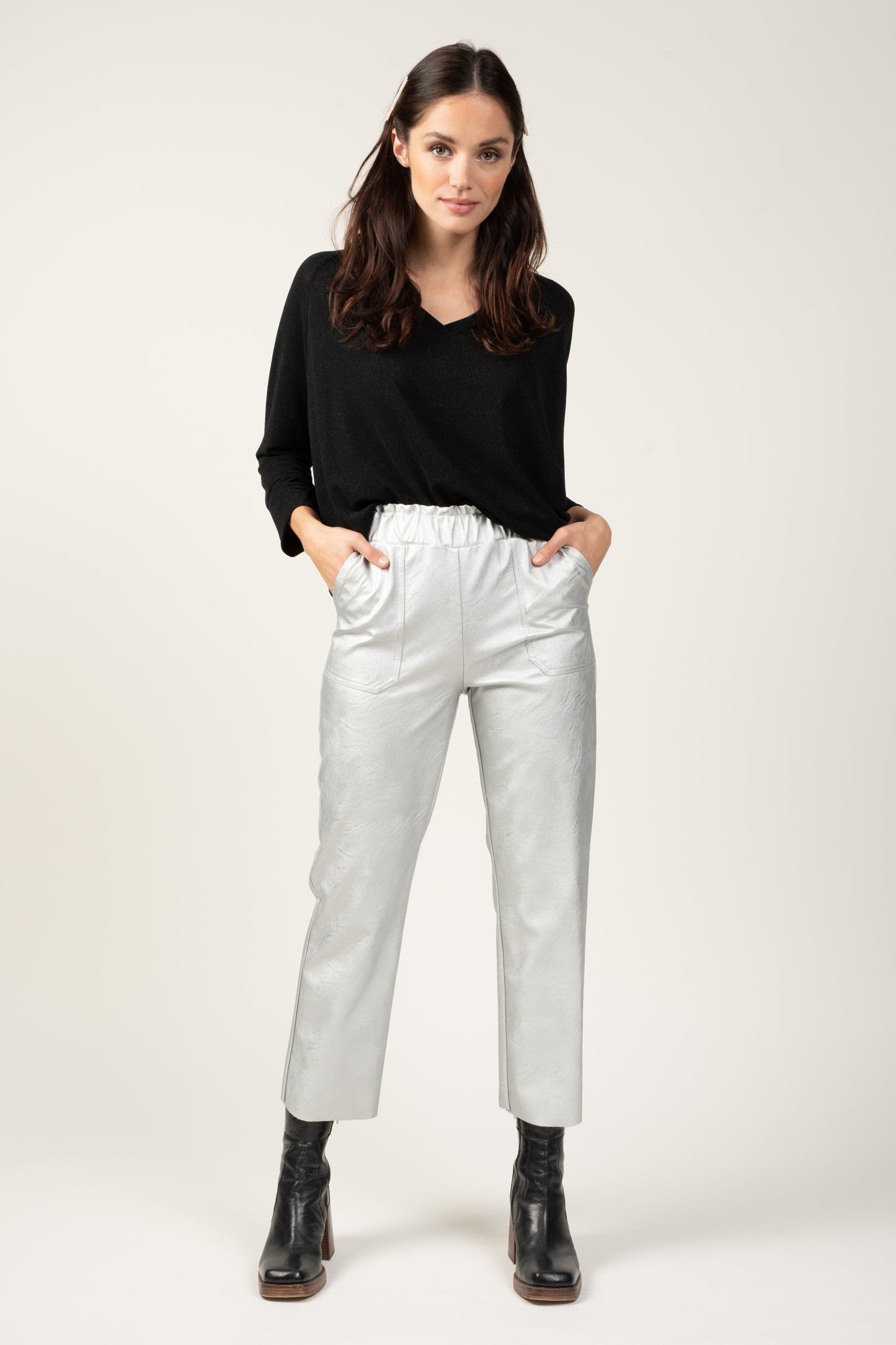 PANTALON 7/8ÈME SIMILI CUIR YVANA ARGENT