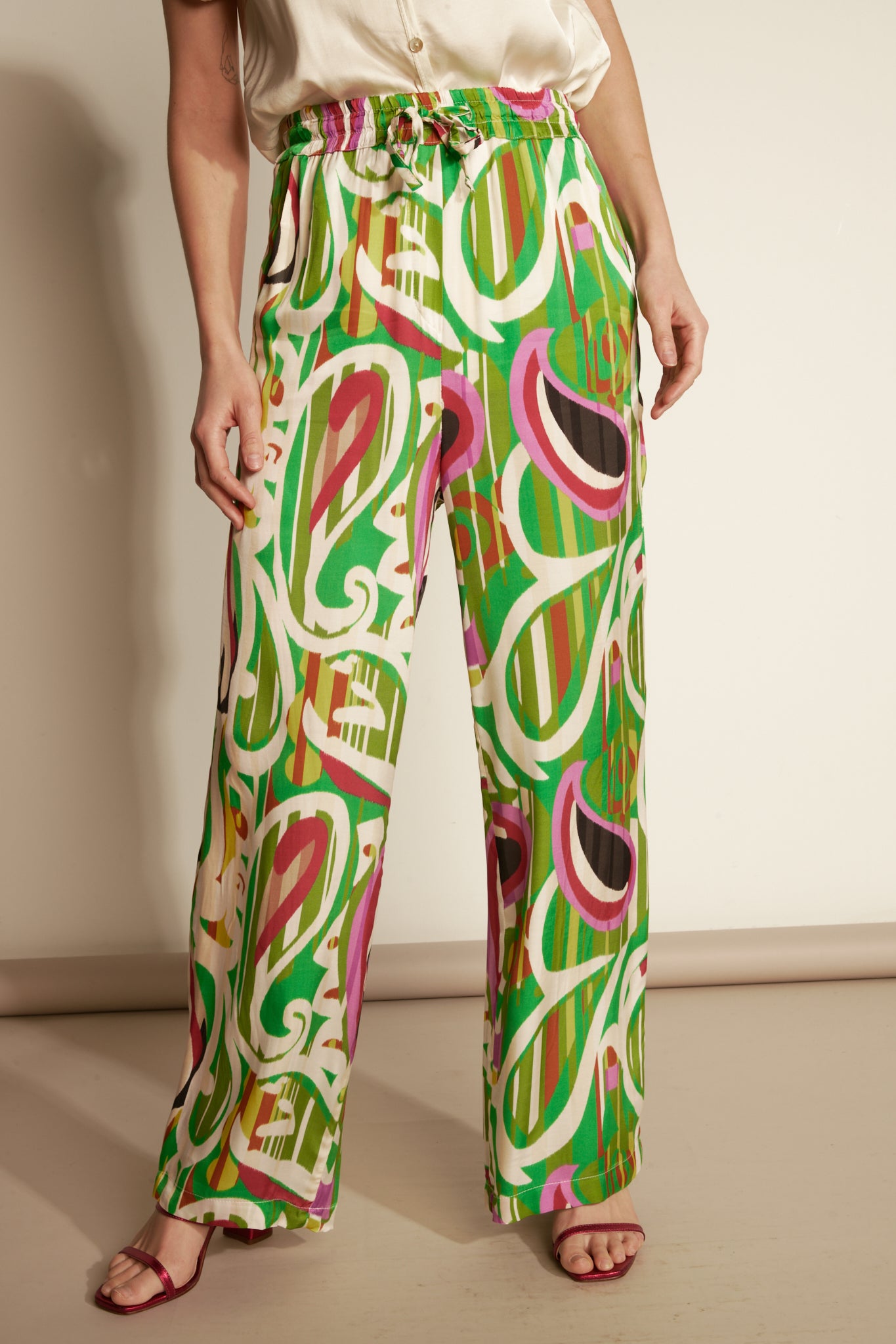 FLUID GLAM PRINT TROUSERS - PISLEY GREEN