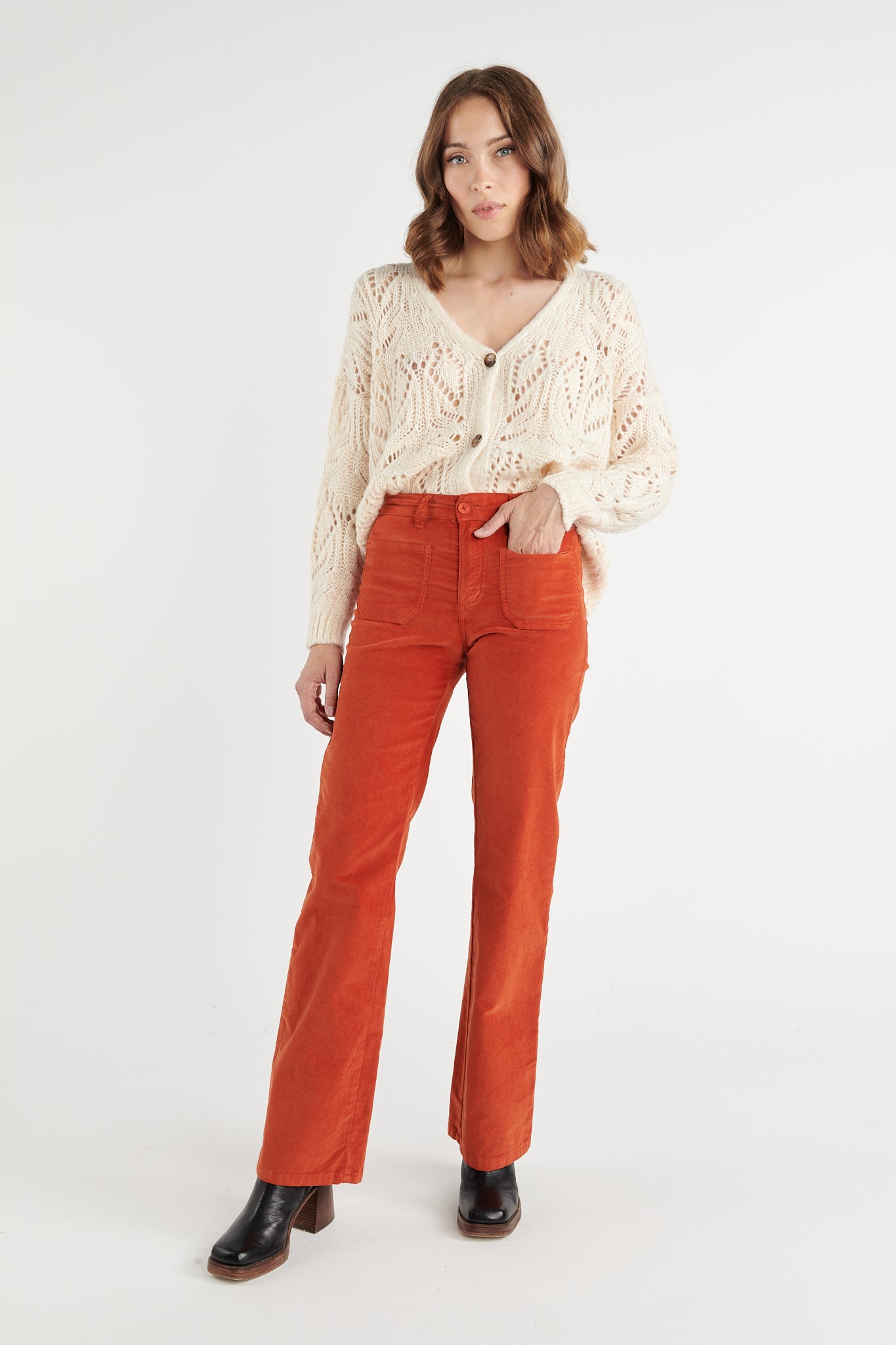 PANTALON FLARE VELOURS ANOUCK ORANGE BRULÉ