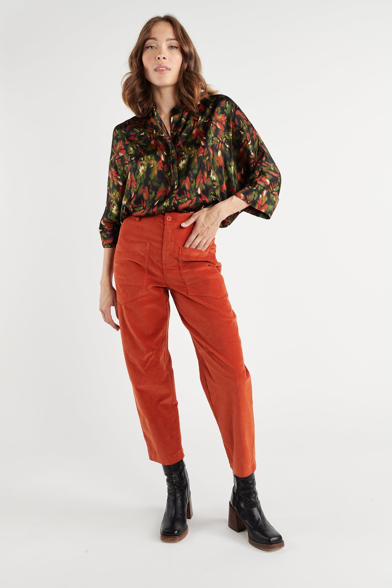 PANTALON JAMBES BALLON VELOURS BRIGITTE ORANGE BRULÉ