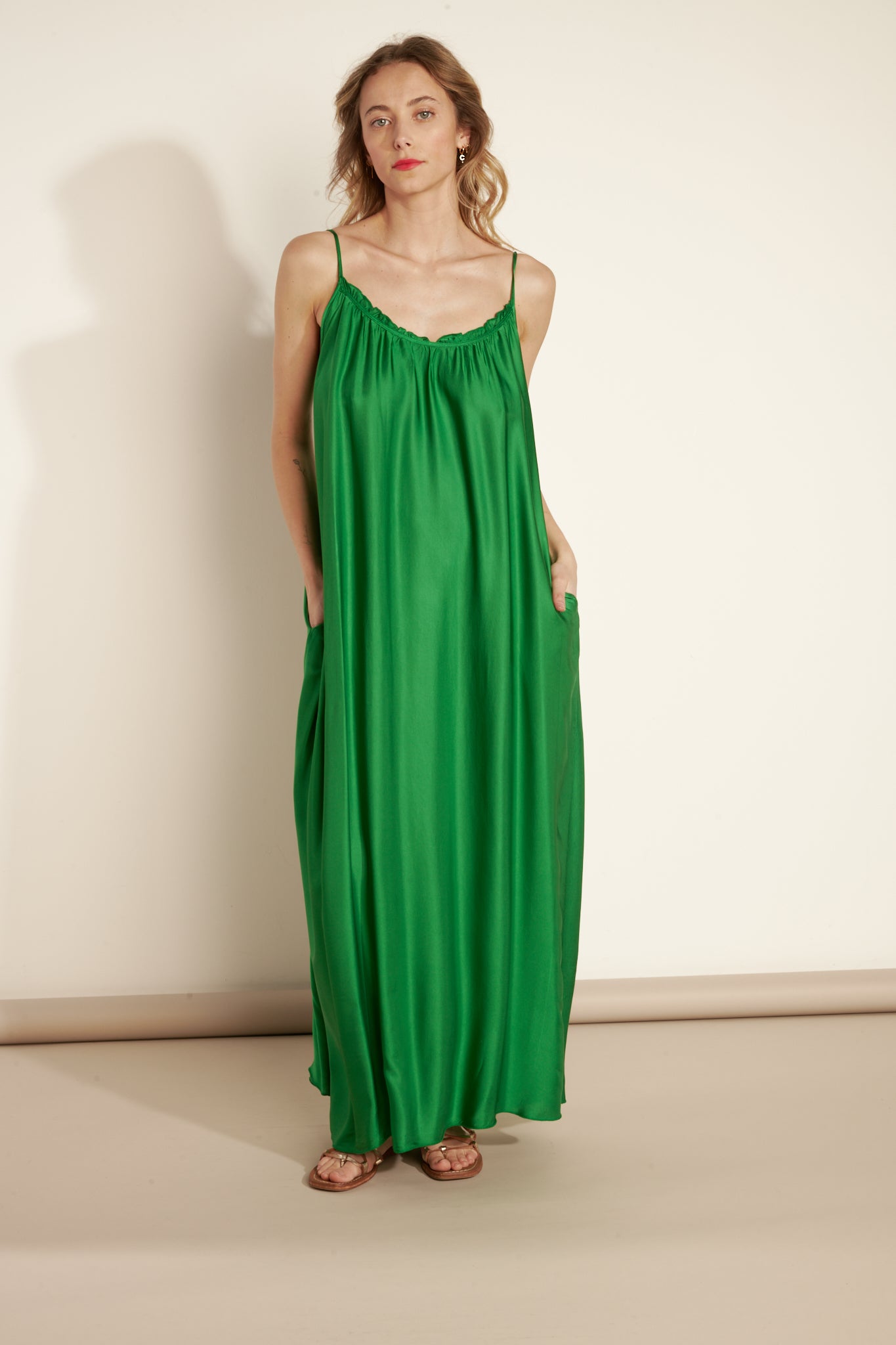 ANDRÉANE GREEN LONG DRESS WITH STRAPS