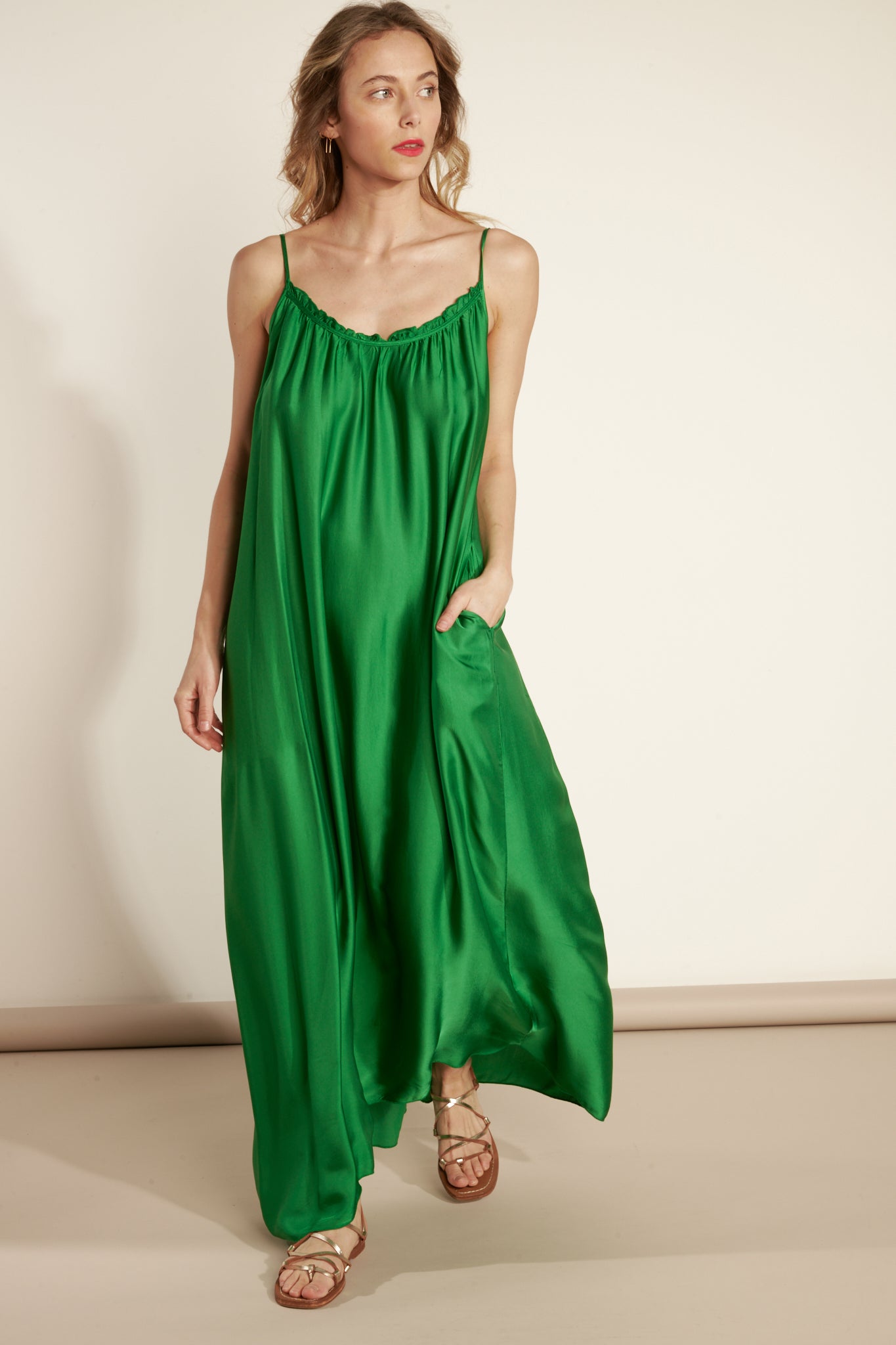 ANDRÉANE GREEN LONG DRESS WITH STRAPS