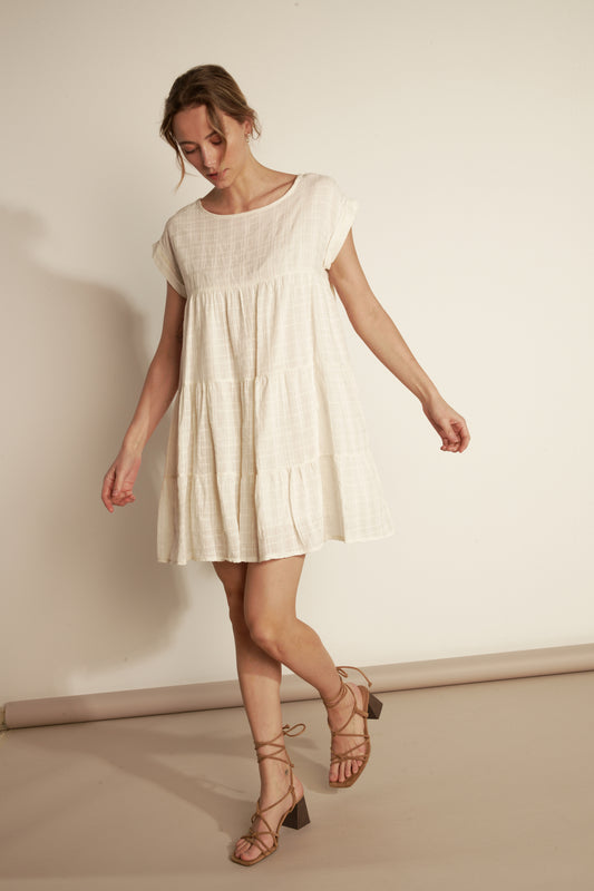COTTON VEIL TEXTURED LINED Ruffled Tunic Dress - NATURAL