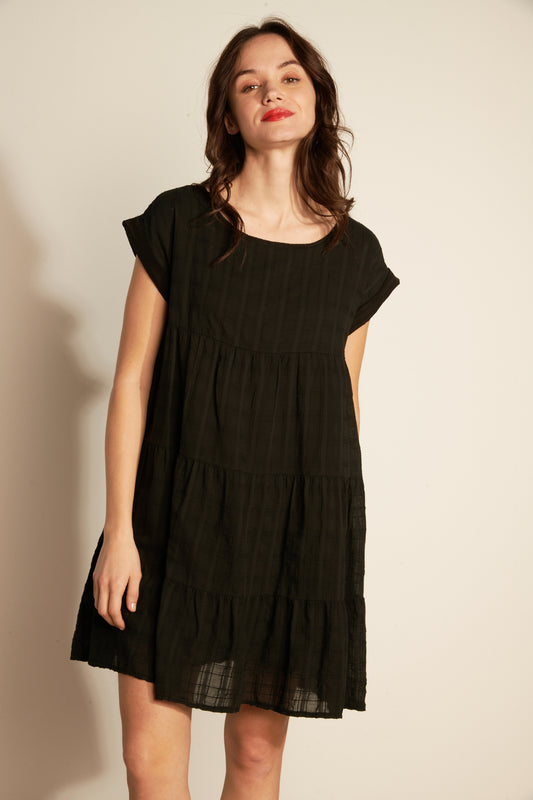 COTTON VEIL TEXTURED LINED Ruffled Tunic Dress - BLACK