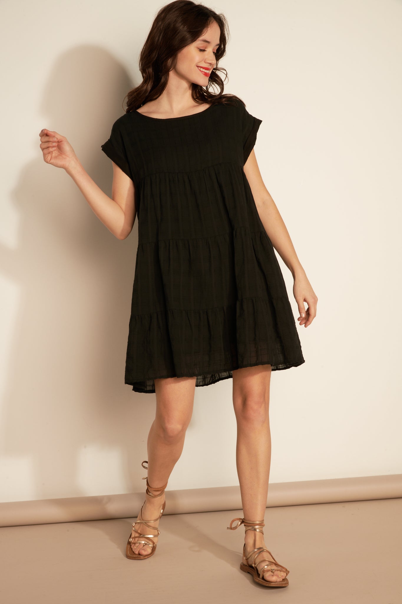 COTTON VEIL TEXTURED LINED Ruffled Tunic Dress - BLACK