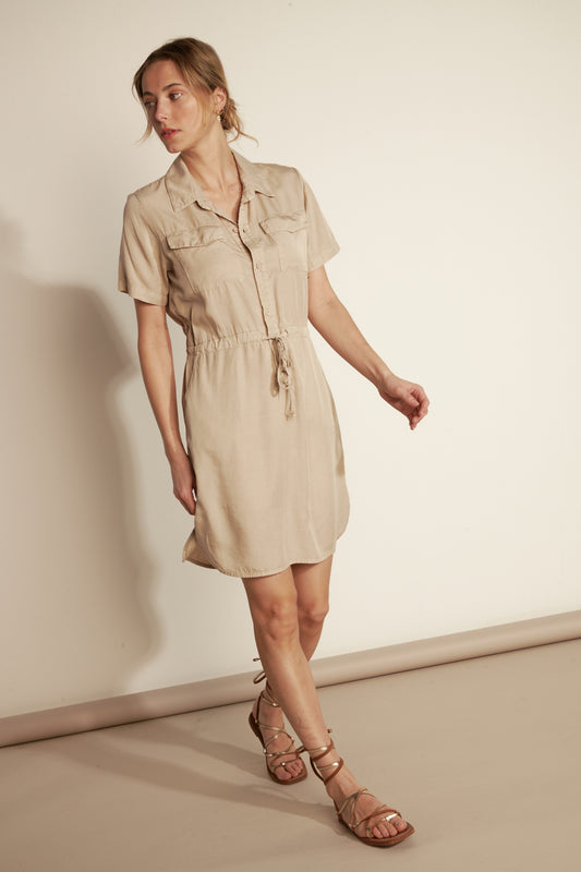 SHORT SLEEVE TENCEL DRESS - SAND