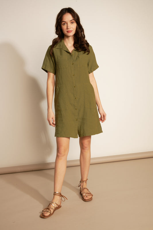 LOOSE SHORT-SLEEVED LINEN DRESS - KHAKI