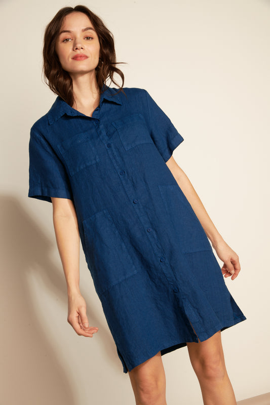 LOOSE SHORT-SLEEVED LINEN DRESS - OCEAN