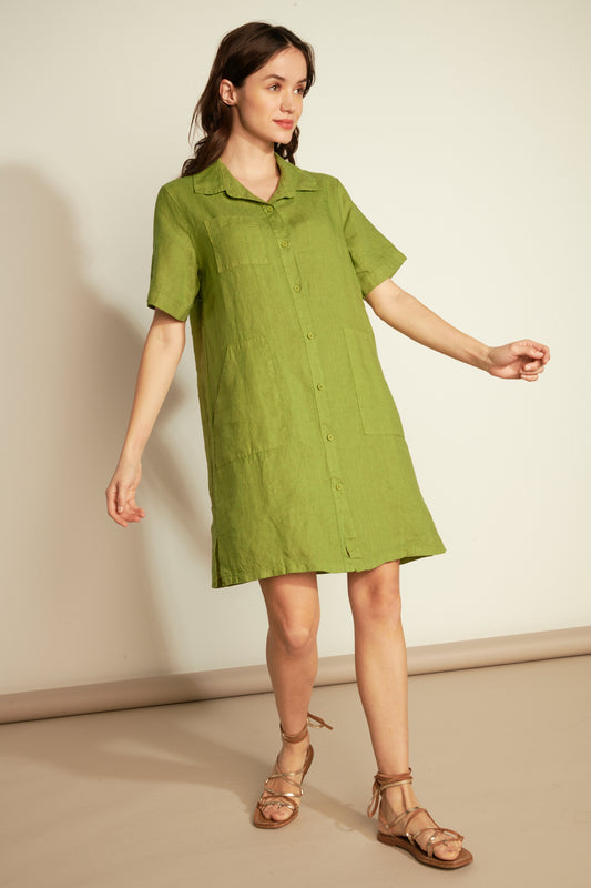 LOOSE SHORT-SLEEVED LINEN DRESS - PISTACHIO