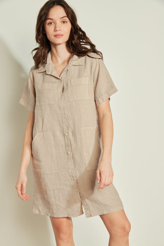 LOOSE SHORT-SLEEVED LINEN DRESS - SAND