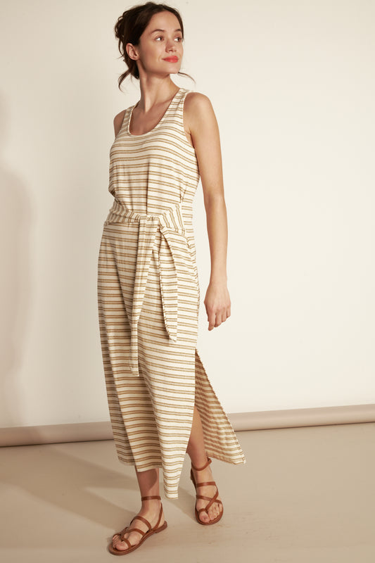 LONG STRIPED JERSEY TIE DRESS - SAND