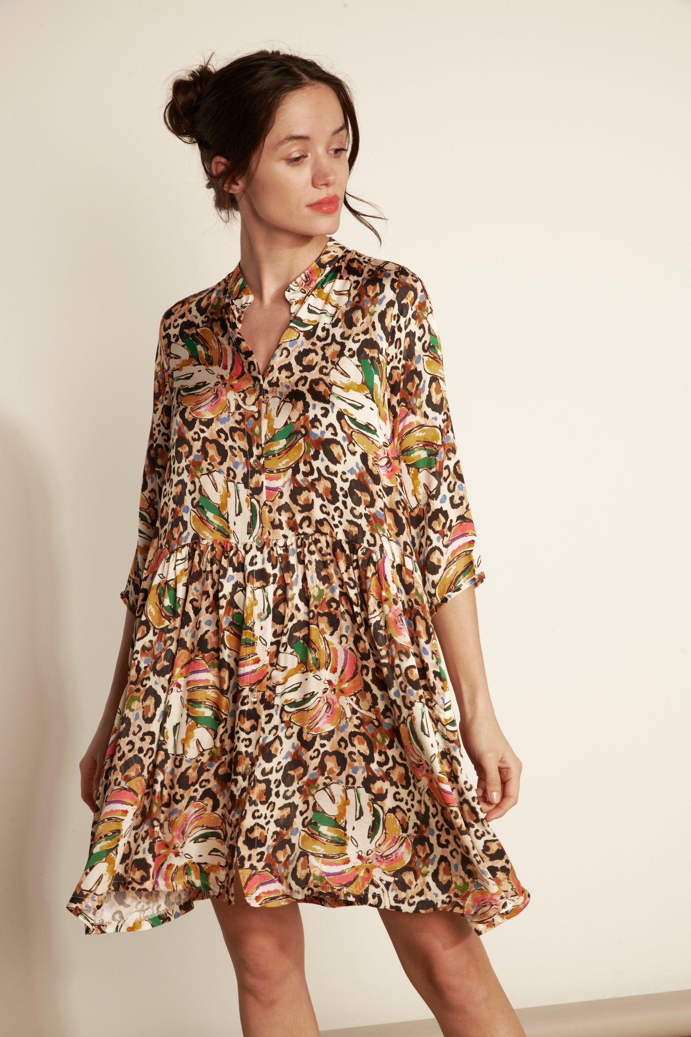 LOOSE DRESS 3/4 SLEEVE GLAM PRINT - LEOPAR JUNGLE