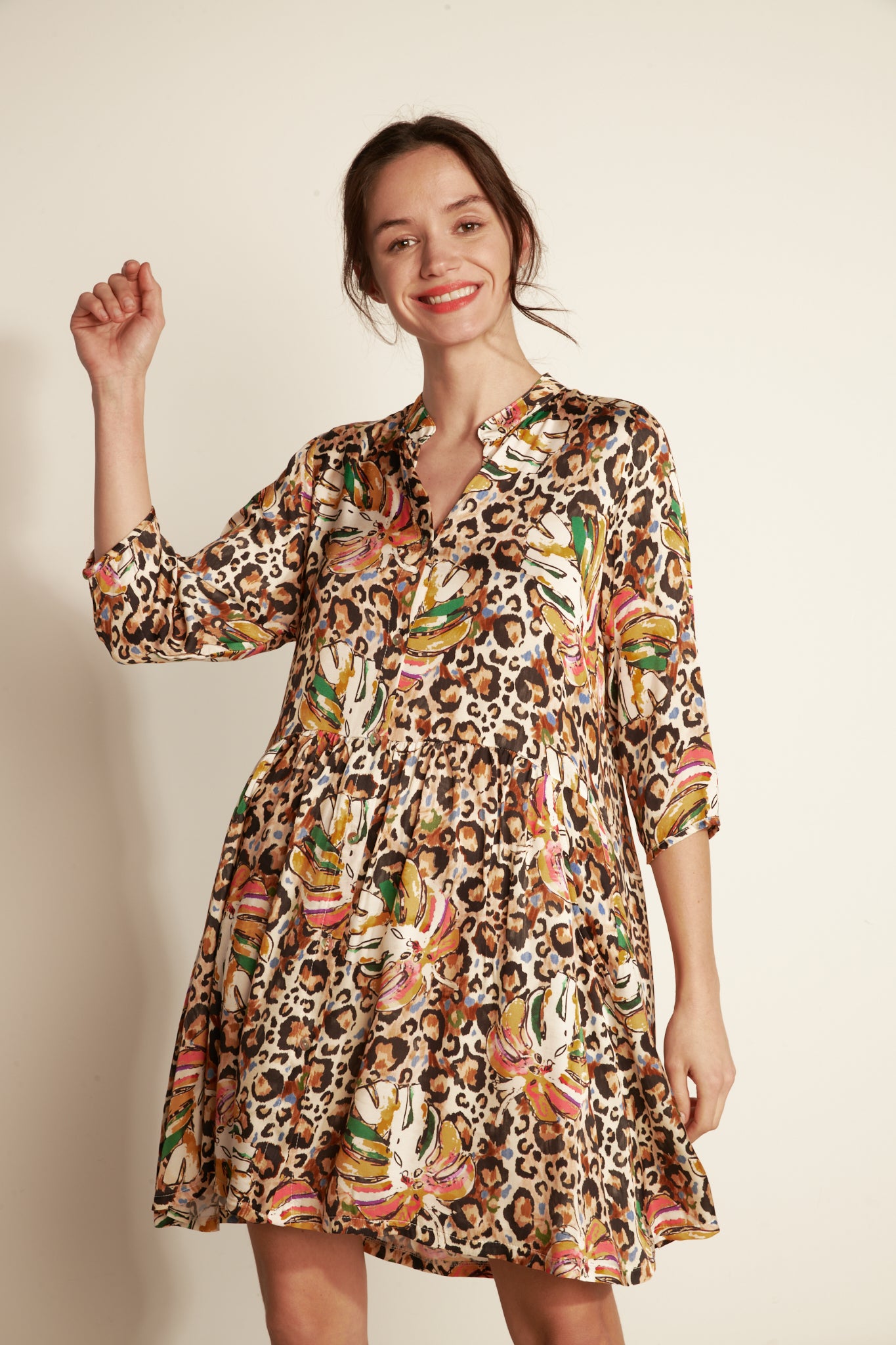 LOOSE DRESS 3/4 SLEEVE GLAM PRINT - LEOPAR JUNGLE