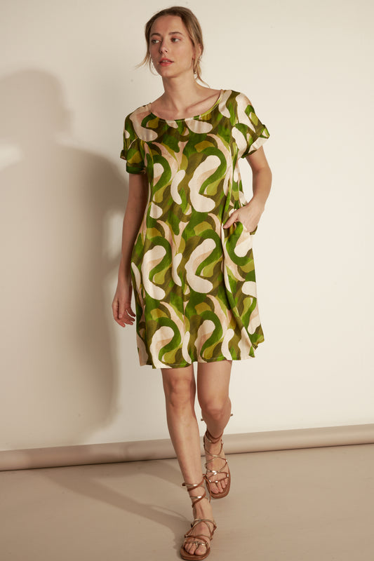 GLAM PRINT FLARE DRESS - JUNGLE LIME