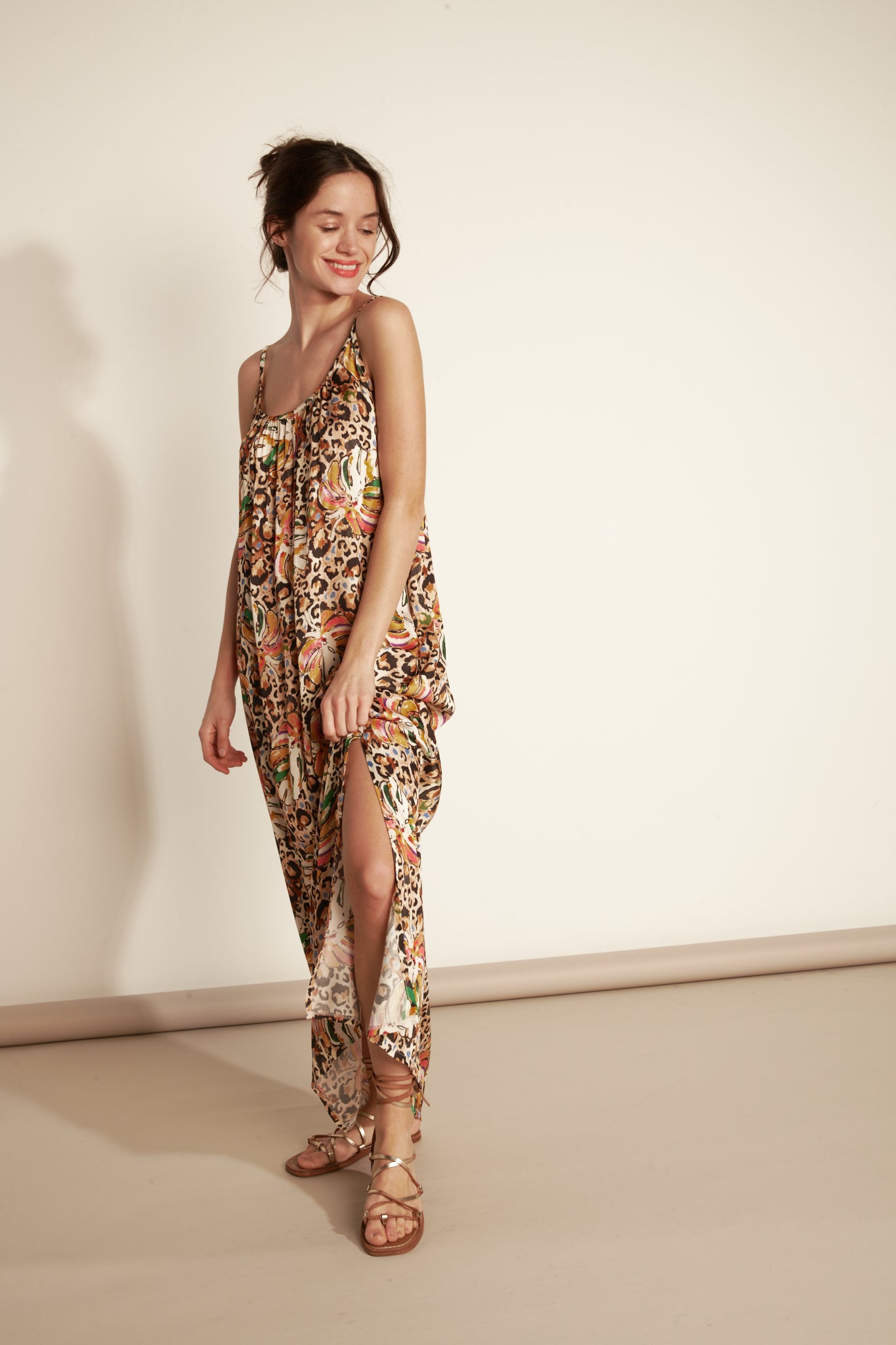 LONG FINE STRAP DRESS GLAM PRINT - LEOPAR JUNGLE