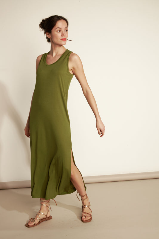 LONG FINE TANK DRESS MODAL SIDE - OLIVE