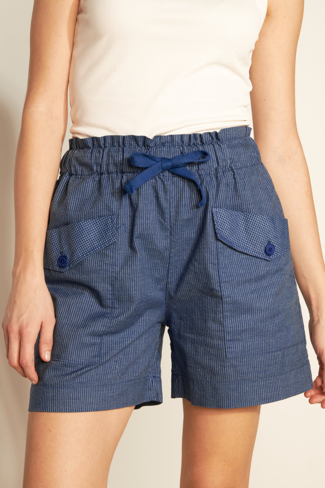 STRIPPED FINE ELASTIC WAIST SHORTS - OCEAN