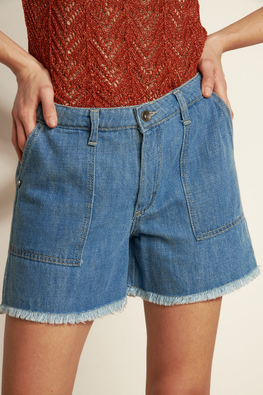 LIGHT DENIM FRINGE BOTTOM SHORTS - LIGHT DENIM