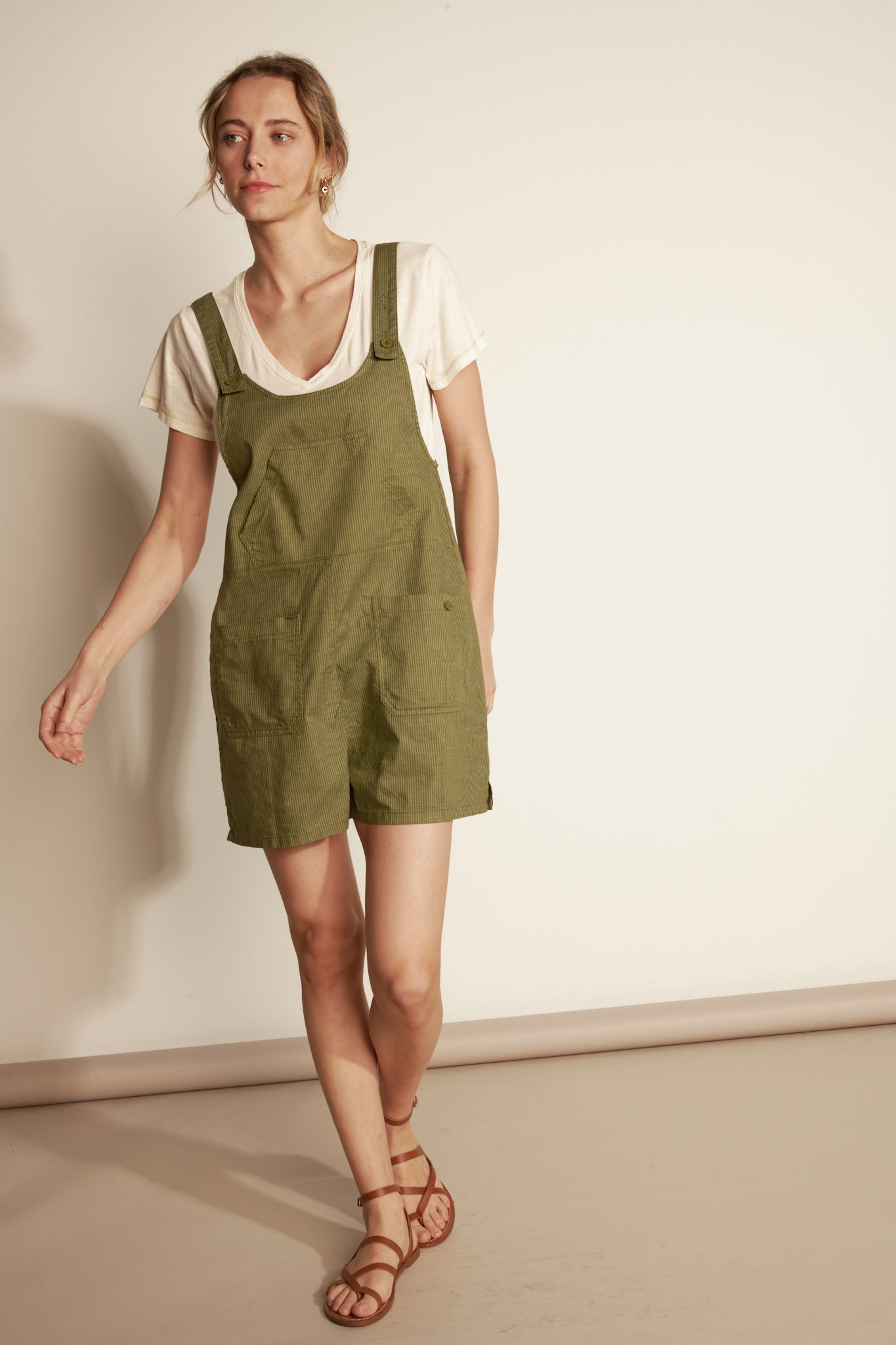 FINE STRIPED SHORT OVERALLS - KHAKI