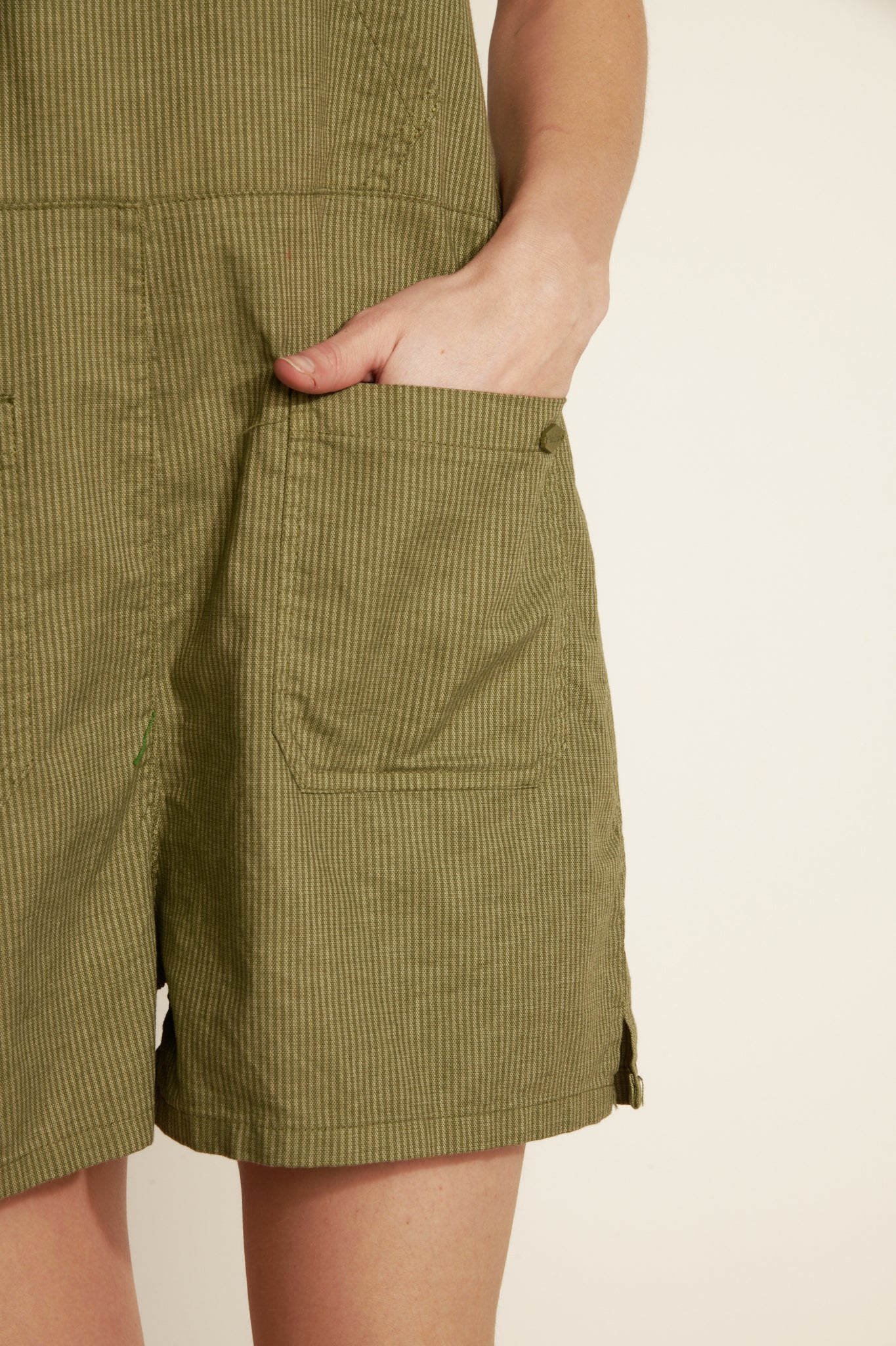 FINE STRIPED SHORT OVERALLS - KHAKI