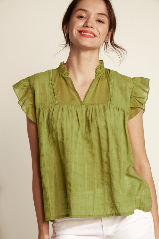 FLYING SLEEVE TOP COTTON VOILE TEXTURE - PISTACHIO