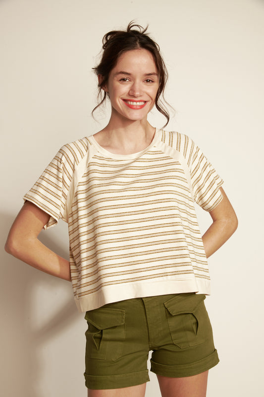 RAGLANT STRIPED JERSEY SHORT SLEEVE TOP - SAND