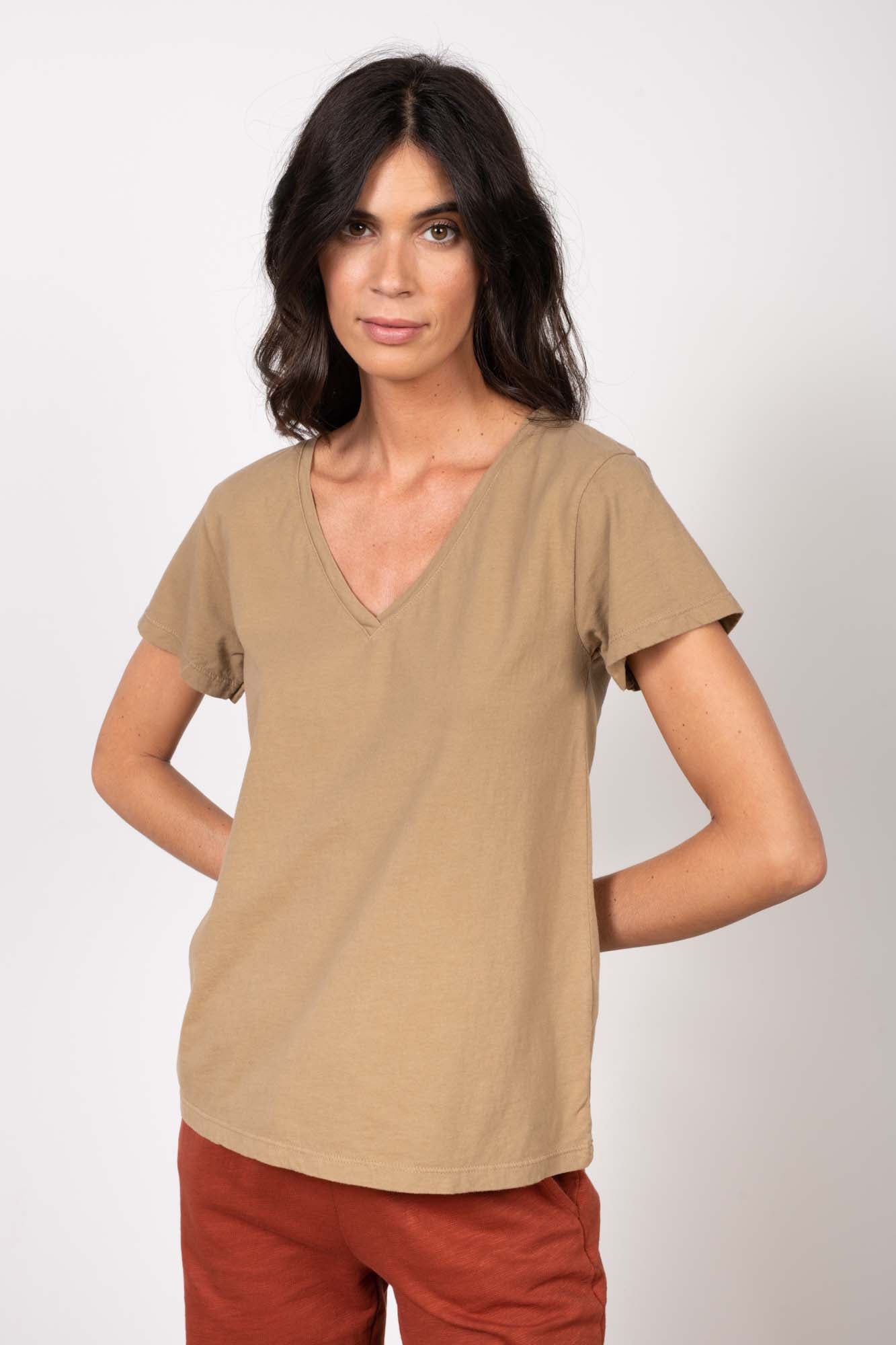 T-SHIRT COL V MANCHES COURTES AMAURY CAMEL