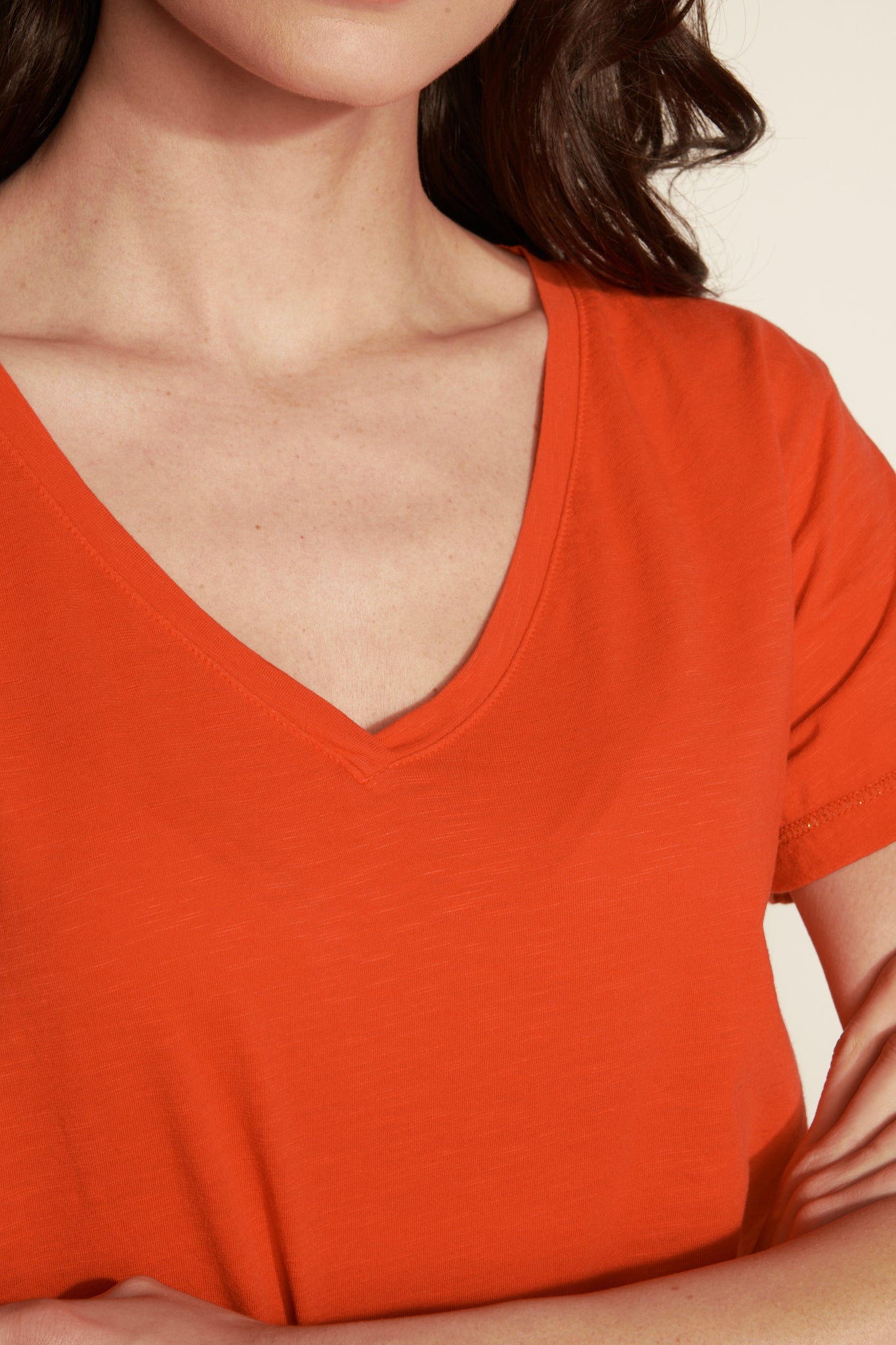 V-NECK TEESHIRT WITH LUREX DETAIL MODAL COTTON - ORANGEADE