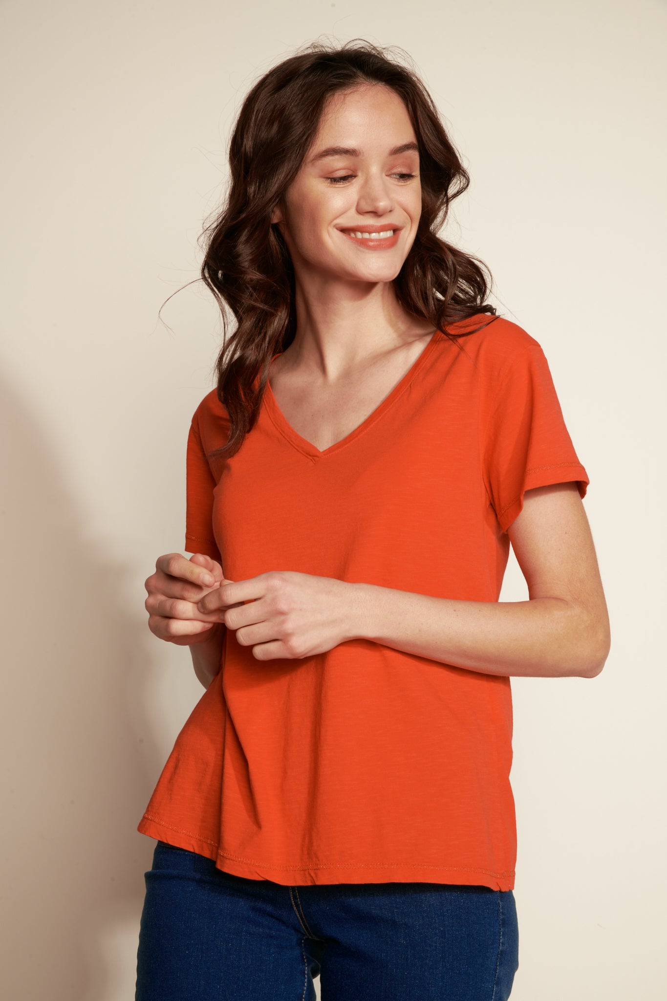 V-NECK TEESHIRT WITH LUREX DETAIL MODAL COTTON - ORANGEADE