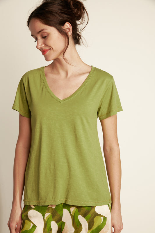 V-NECK TEESHIRT WITH LUREX DETAIL MODAL COTTON - PISTACHIO