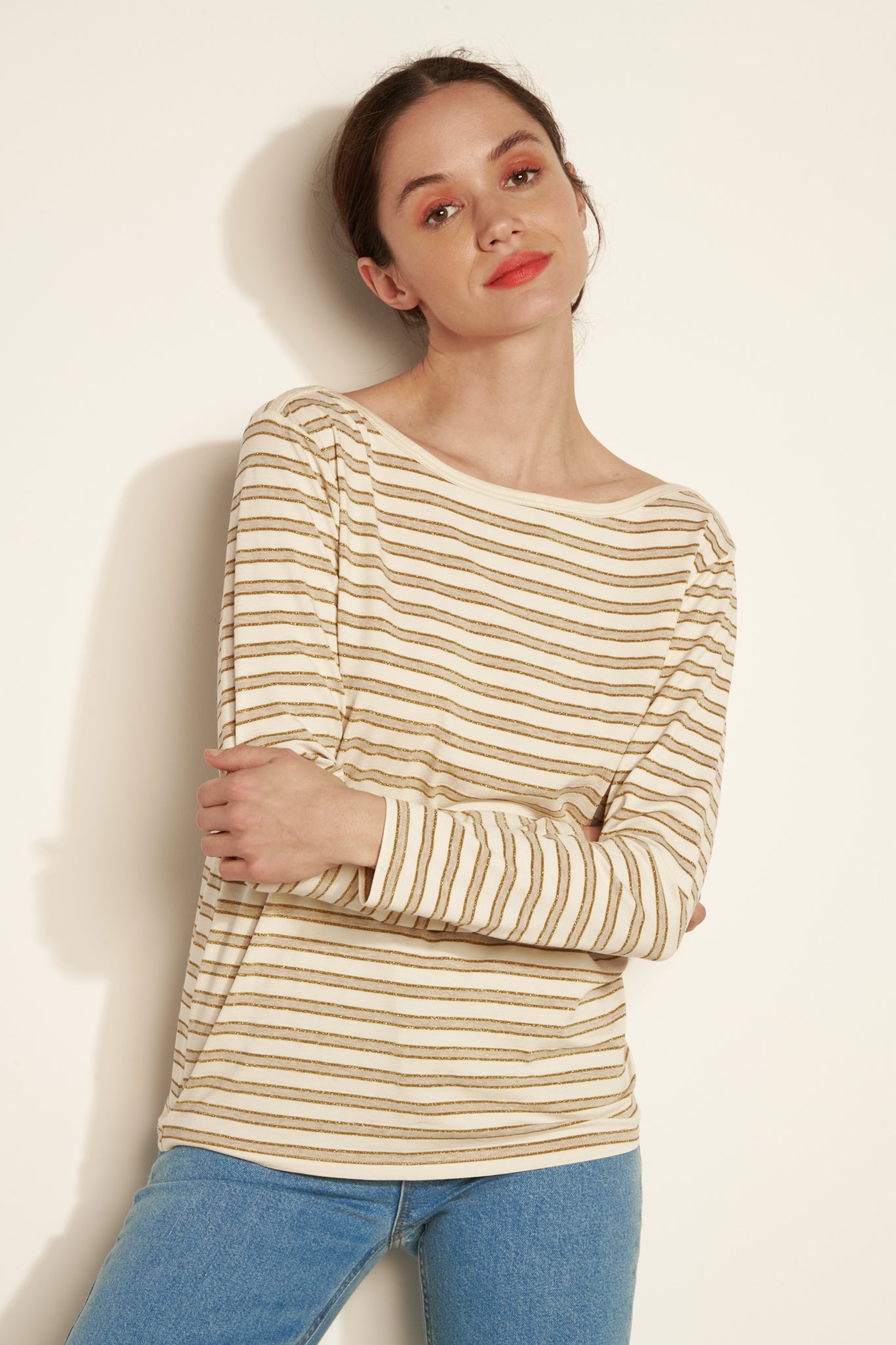 M.LONG SRIPED JERSEY BOAT NECK TEESHIRT - SAND