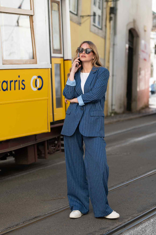 NAVY STRIPED RICARDO TROUSERS