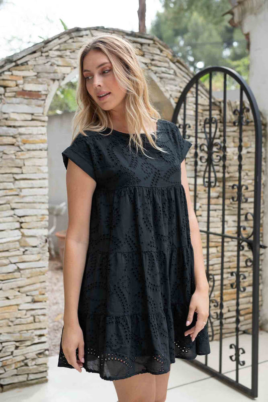 ROXANE BLACK PEONY EMBROIDERED DRESS