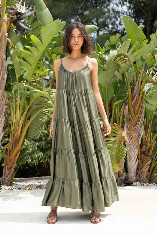 GABRIELLA KHAKI LONG Ruffle Dress